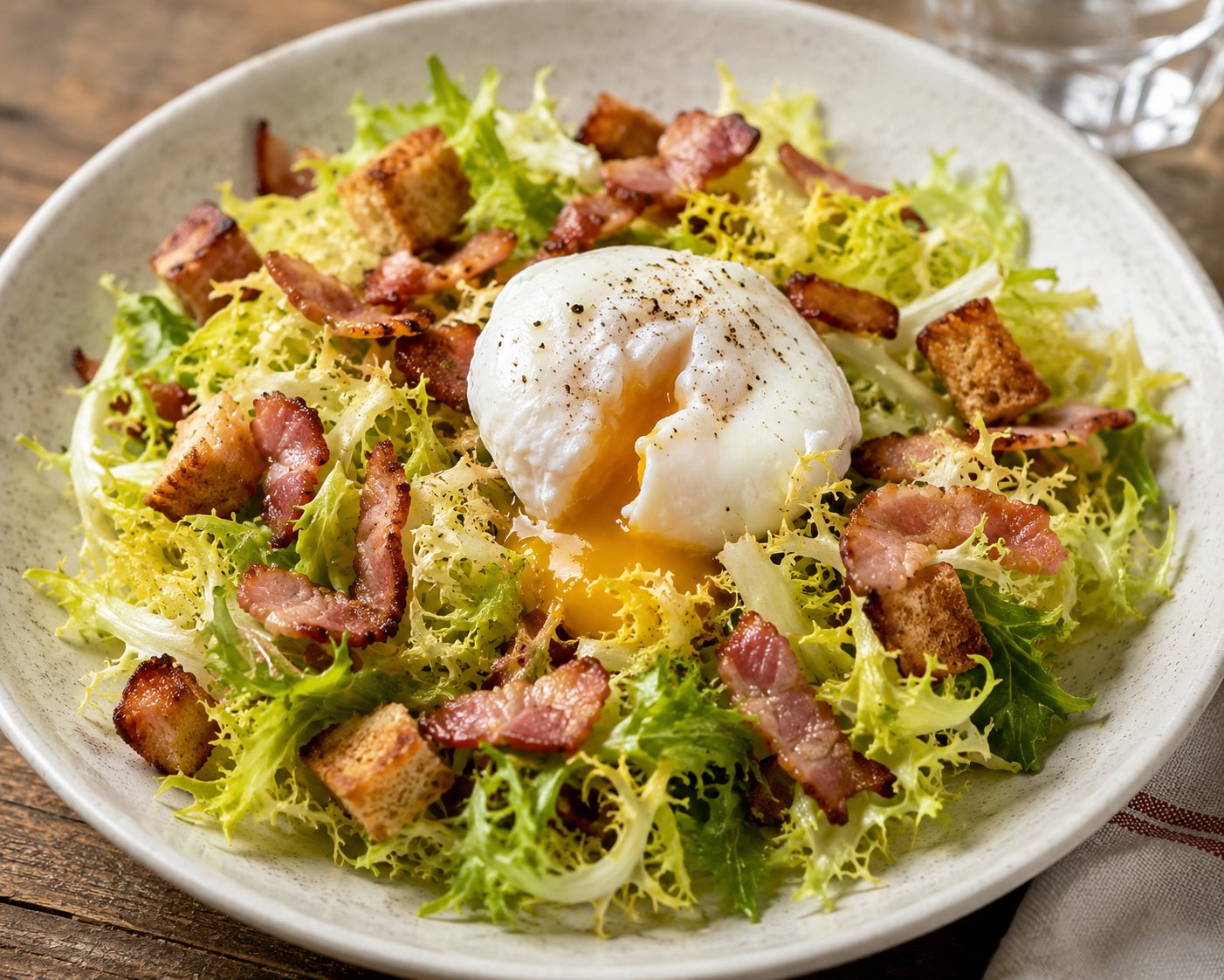 Salade Lyonnaise — frisée, crispy bacon lardons, croutons and a poached egg