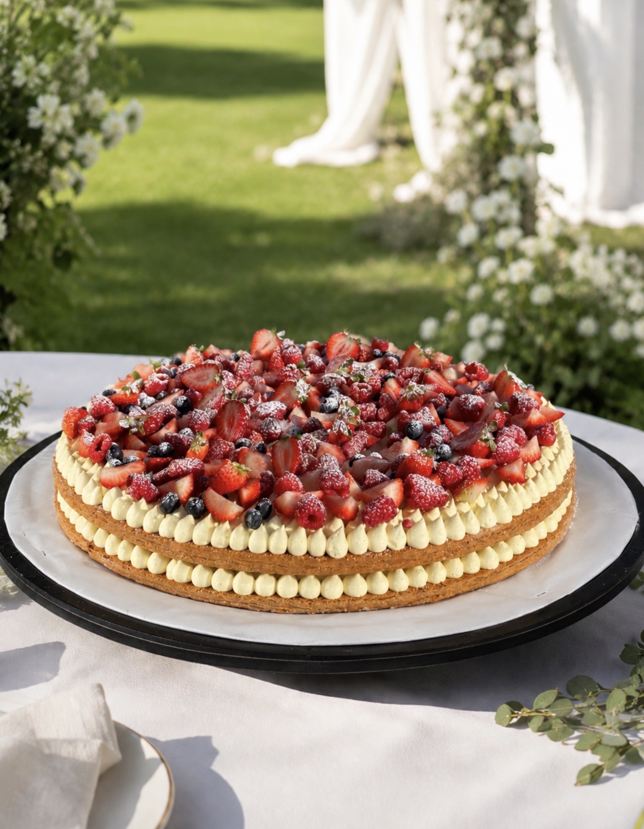 A grand berry celebration cake on a stand at an outdoor event