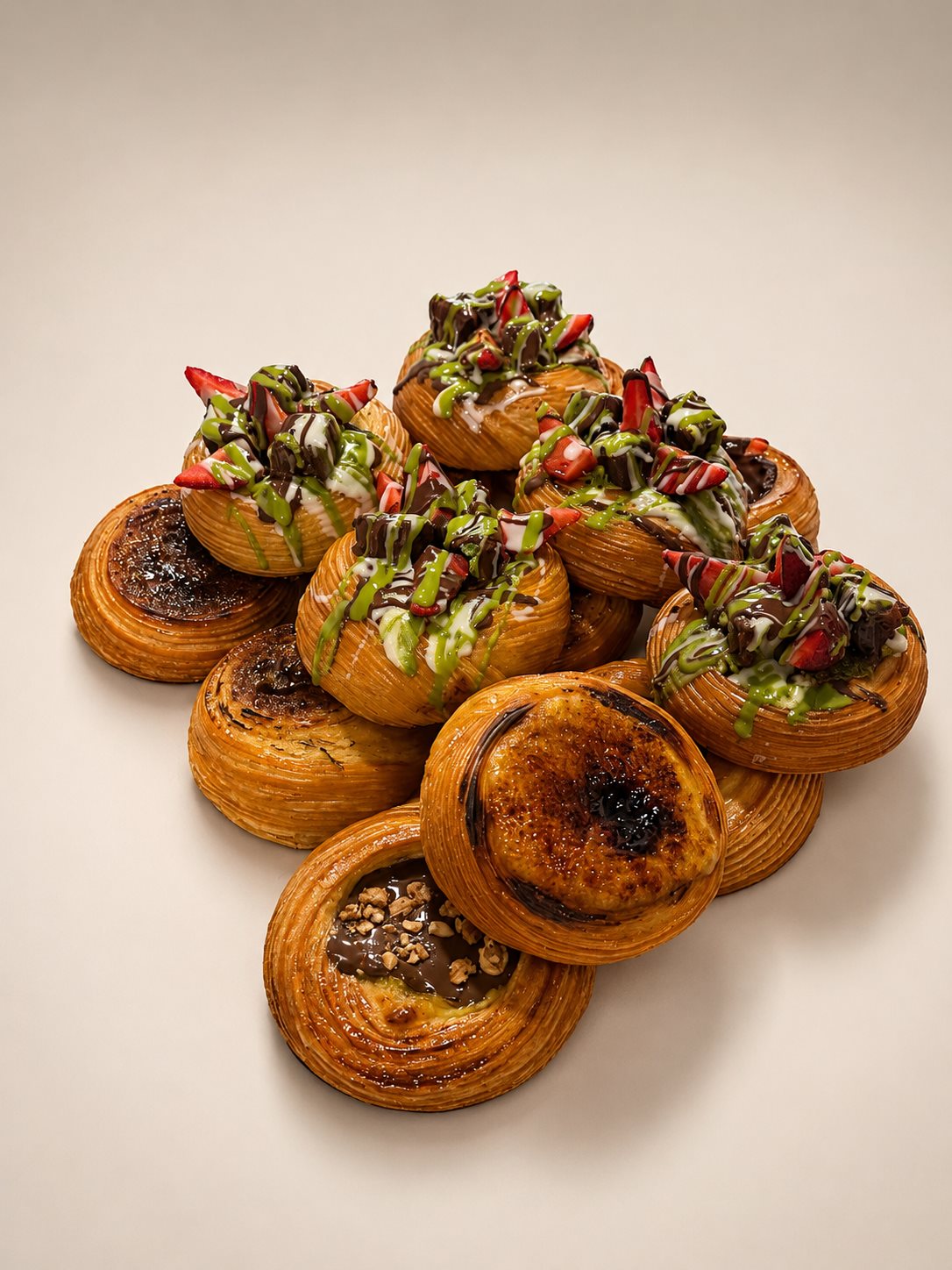 A stacked platter of crème brûlée and strawberry pistachio danishes