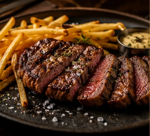 Sliced entrecôte with house-cut fries and béarnaise