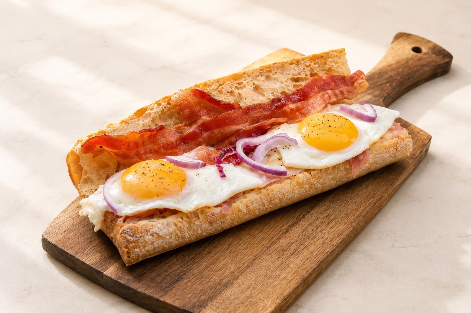 Open baguette with sunny-side eggs, bacon and red onion on a wooden board